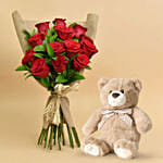 Valentine 12 Roses Bouquet With Teddy