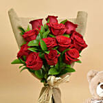 Valentine 12 Roses Bouquet With Teddy