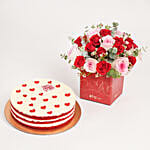 Valentines Red Velvet Cake with Pink and Red Roses in valentines Vase