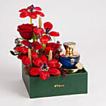 عطر نسائي 100 مل مع باقة توليب أحمر فاخر في بوكس جلدي أنيق