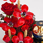 عطر نسائي 100 مل مع باقة توليب أحمر فاخر في بوكس جلدي أنيق