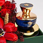 عطر نسائي 100 مل مع باقة توليب أحمر فاخر في بوكس جلدي أنيق