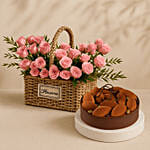 Pink Spray Roses Basket with Tiramisu Cake