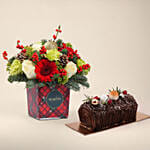 Christmas Flower Box with Chocolate Yule Log Cake Gift Set