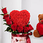 Valentines Heart Roses With Teddy