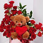 Valentines Red Rose Floral Box with Teddy Bear