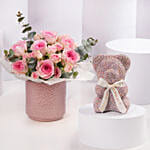 Pink Roses With Teddy Bear