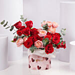Red And Peach Roses In Heart Hat Box
