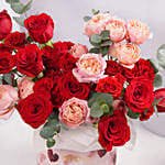 Red And Peach Roses In Heart Hat Box