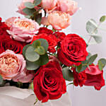 Red And Peach Roses In Heart Hat Box