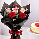 Red And White Roses Bouquet With Red Velvet Cake Combo