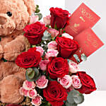 Teddy Bear With Red Roses Basket Arrangement