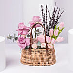 Elegant Pink Roses And Tulips Basket Arrangement