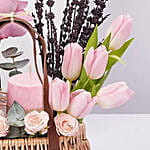 Elegant Pink Roses And Tulips Basket Arrangement