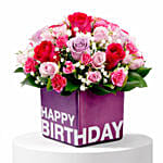 Mixed Flowers In Birthday Square Glass Vase With Toblerone Chocolates