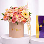 Peach And Pink Roses Luxury Flower Box With Cadbury Chocolates 200g