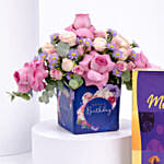 Birthday Rose Arrangement With Cadbury Chocolates 400g