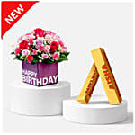 Mixed Flowers In Birthday Square Glass Vase With Toblerone Chocolates