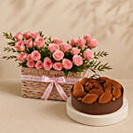 Pink Spray Roses Basket with Tiramisu Cake