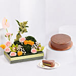 Dubai Chocolate Cake 8 Portion And Flower Arrangement