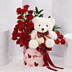 Valentines Red Rose Floral Box with Teddy Bear