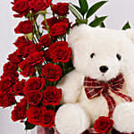 Valentines Red Rose Floral Box with Teddy Bear