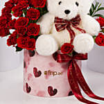 Valentines Red Rose Floral Box with Teddy Bear