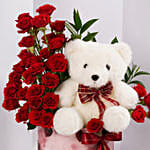 Valentines Red Rose Floral Box with Teddy Bear