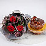 Chocolate Cake with Buch of 3 Red Roses