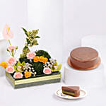 Dubai Chocolate Cake Half Kg With Flowers Arrangement