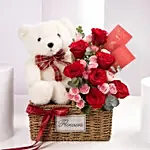 Teddy Bear With Red Roses Basket Arrangement