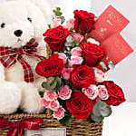 Teddy Bear With Red Roses Basket Arrangement
