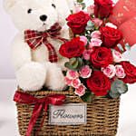 Teddy Bear With Red Roses Basket Arrangement