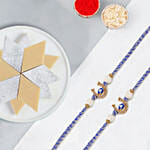 Protective Evil Eye Rakhi Duo With Kaju Katli