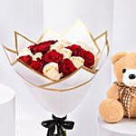 Elegant Duo Of Roses Valentines Bouquet With Teddy Bear