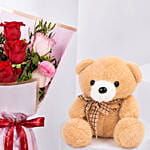 Pink and Red Roses Beauty Bouquet With Teddy Bear For Valentines