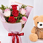 Pink and Red Roses Beauty Bouquet With Teddy Bear For Valentines