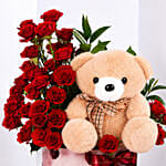 Valentines Red Rose Floral Box with Teddy Bear