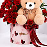 Valentines Red Rose Floral Box with Teddy Bear