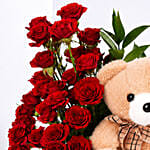 Valentines Red Rose Floral Box with Teddy Bear