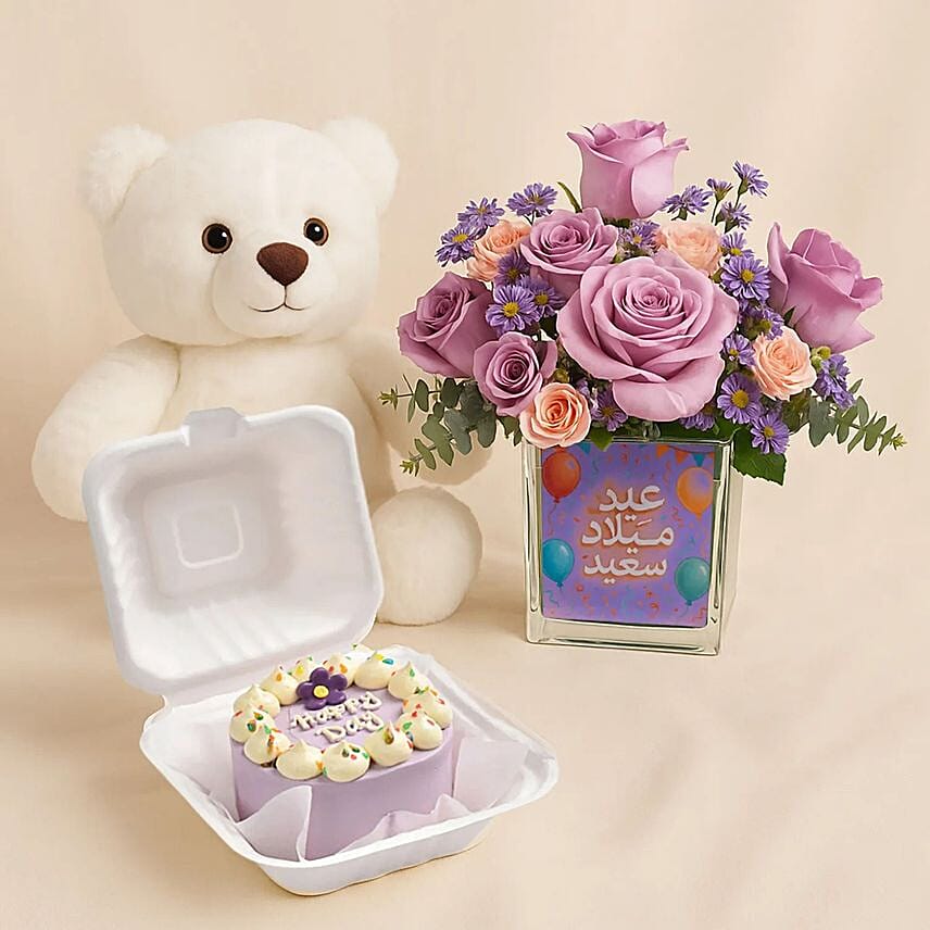 Birthday Elegant Blooms With Mini Cake N Teddy: Send Birthday Gifts to Saudi Arabia