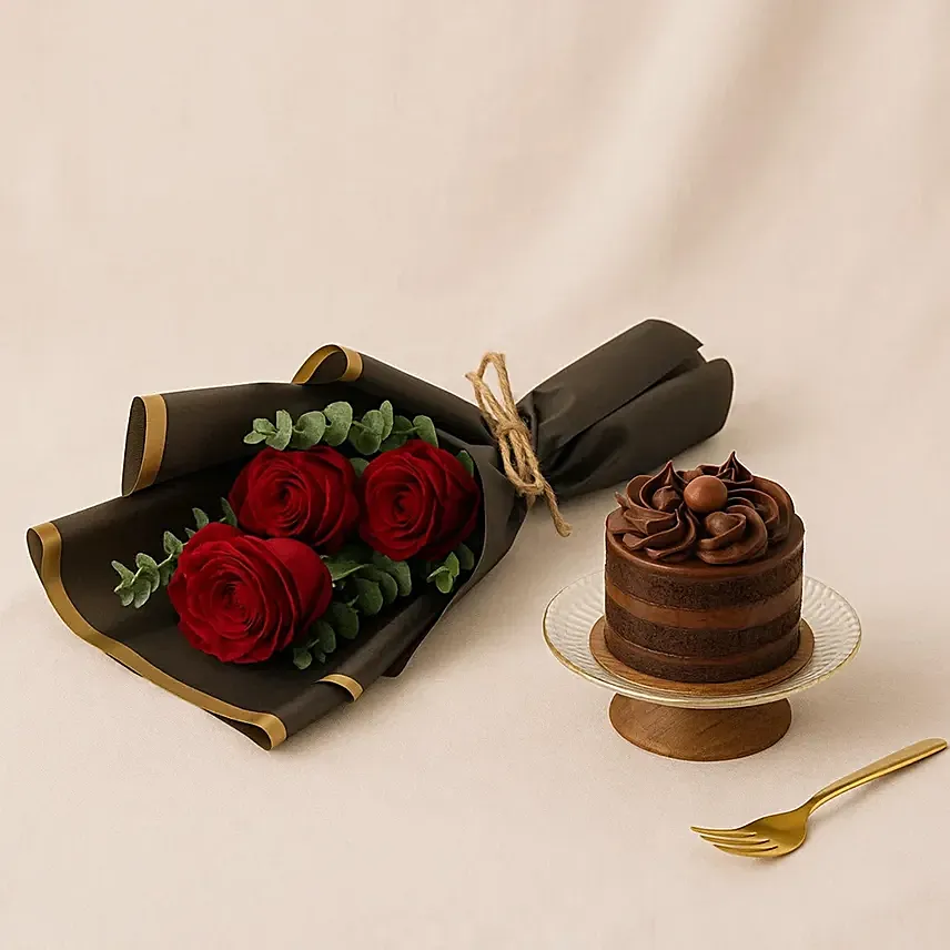 Chocolate Mini Cake N Red Rose Flower Bouquet: Send Gifts to Saudi Arabia