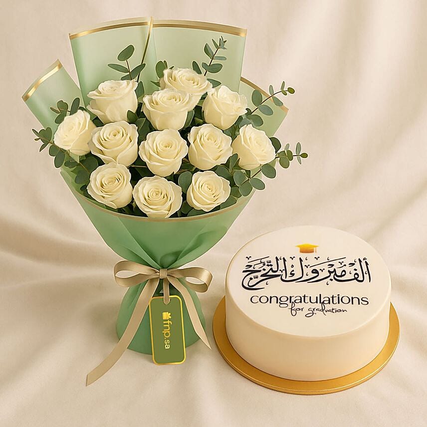 Elegant Graduation Cake N White Flower Bouquet Combo: 