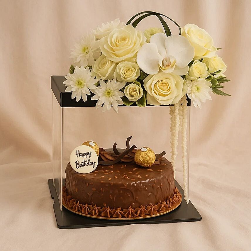 Ferrero Rocher Cake N White Flower Box: 