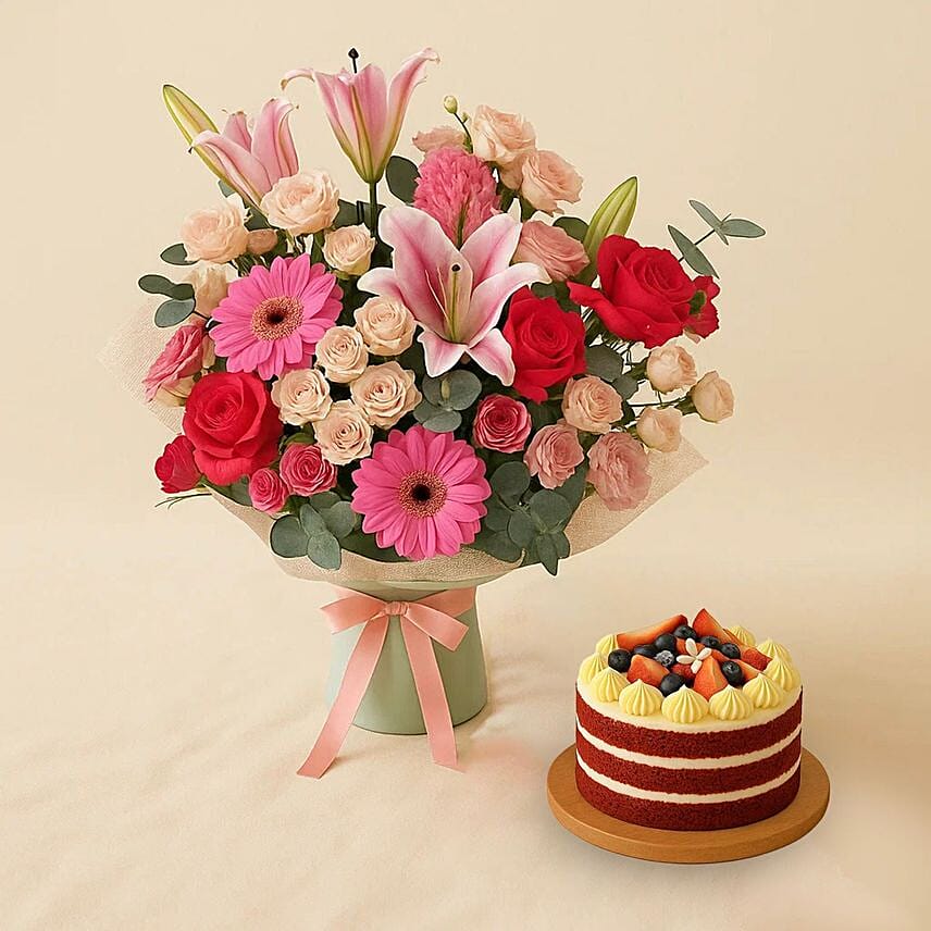 Garden Gala Flower Bouquet With Red Velvet Cake: Gifts To Mecca