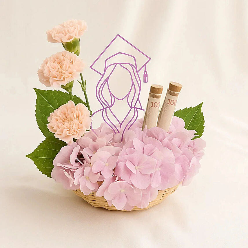 Ladies Graduation Flower n Money Basket: Send Flowers to Saudi Arabia