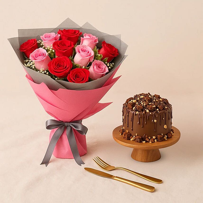 Mix Roses Flower Bouquet N Chocolate Cake: Send Birthday Gifts to Saudi Arabia