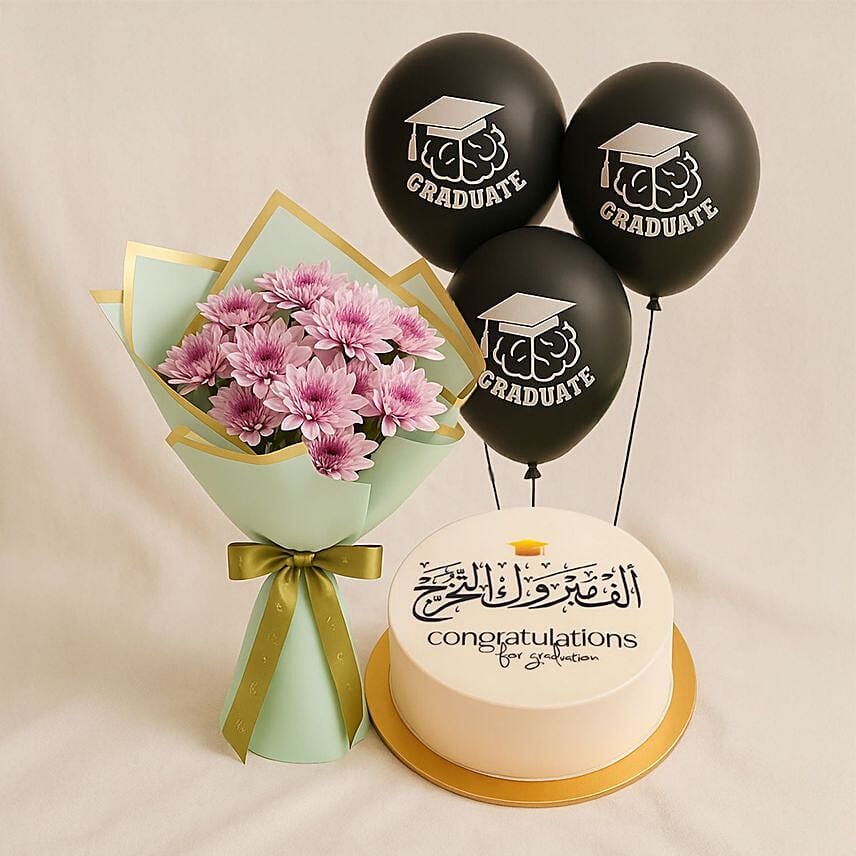 Pink Chrysanthemum Bouquet With Graduation Cake N Balloons: 
