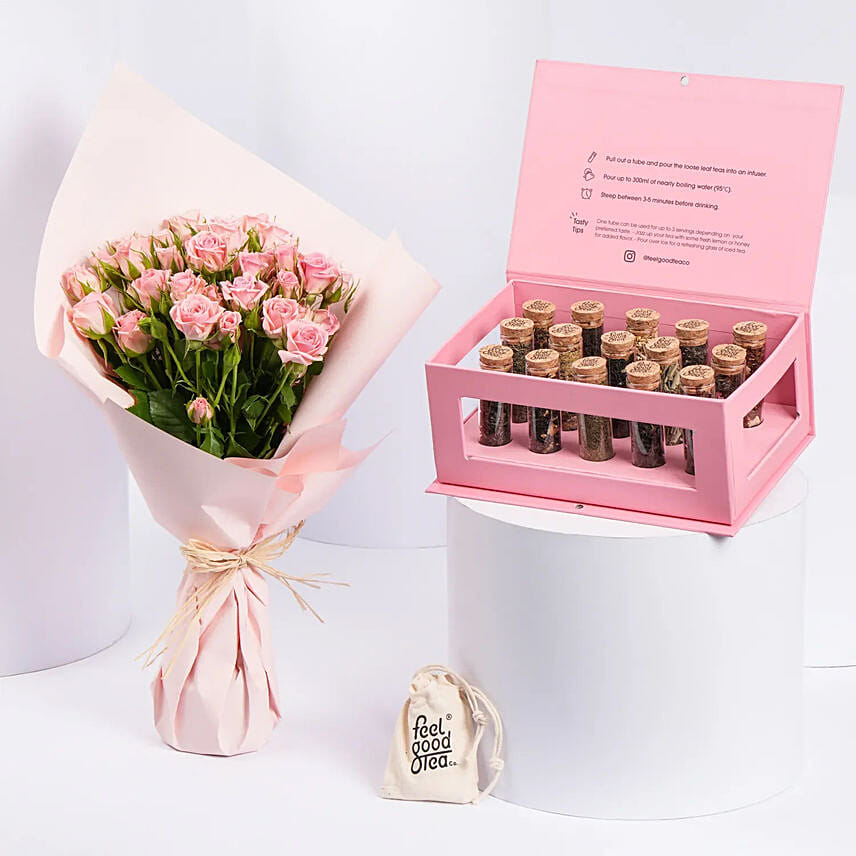 Pink Spray Rose Bouquet n Feel Good Tea Box: هدايا عيد الأم في السعودية