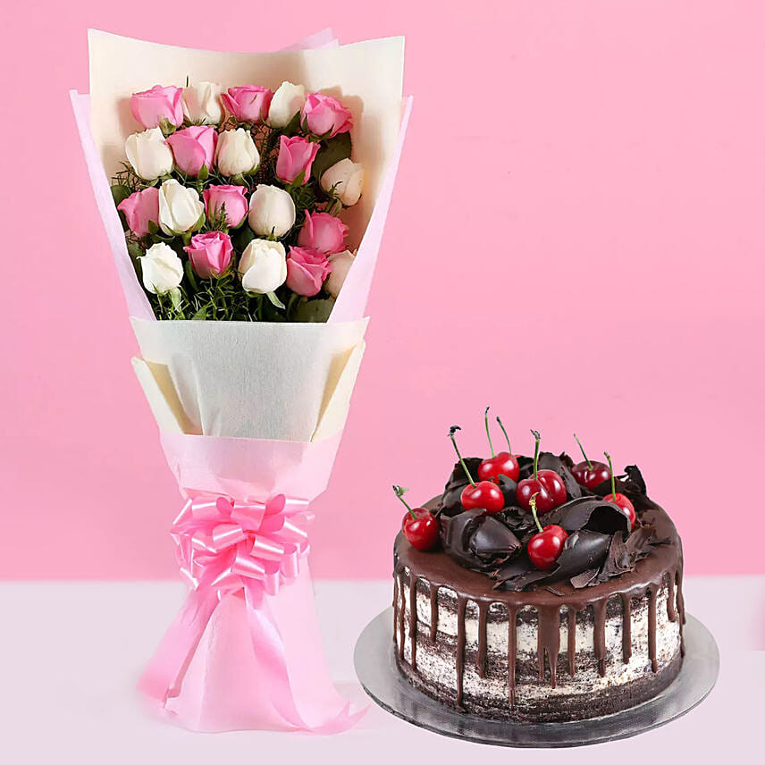 Pink White Roses & Black Forest Cake: 